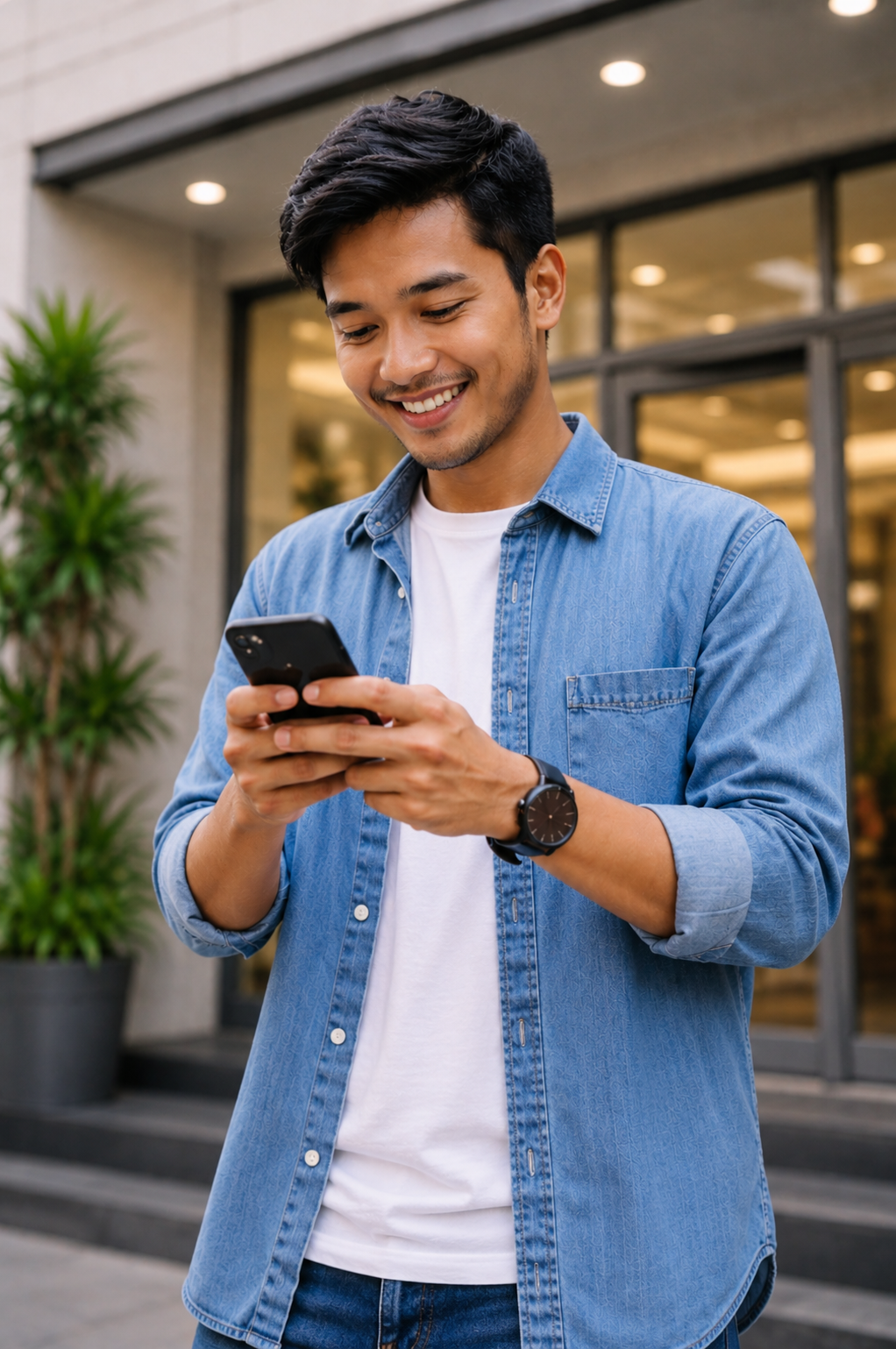 Man smiling while using a messaging app on his phone