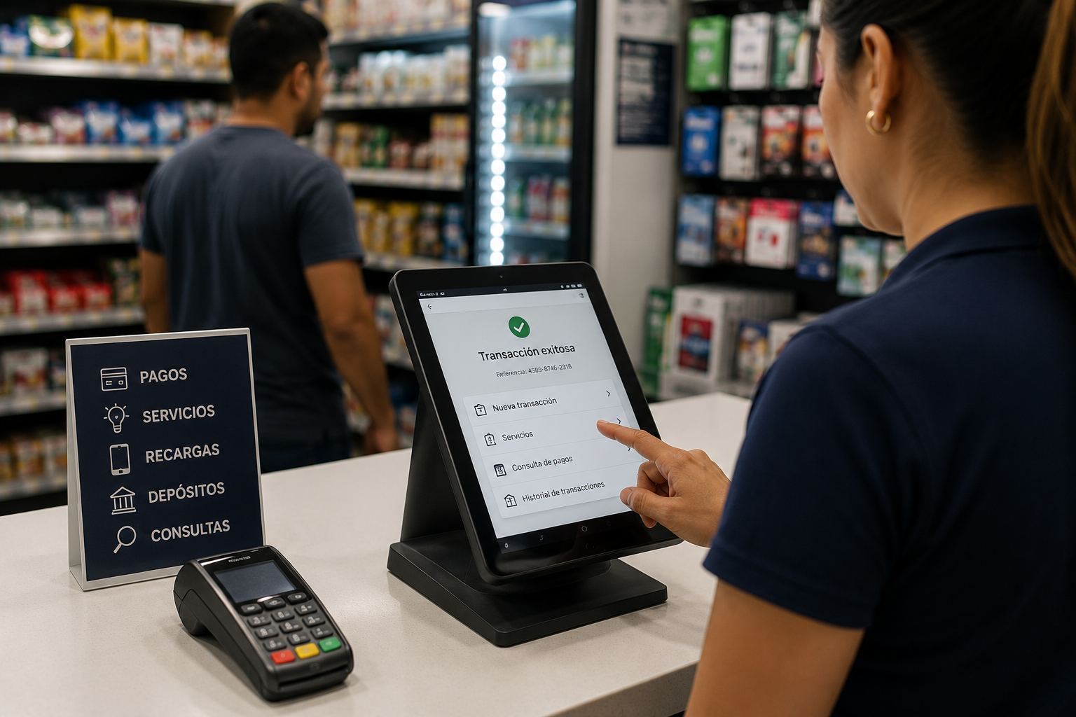 Agent using a tablet POS at a retail counter to process payments and services