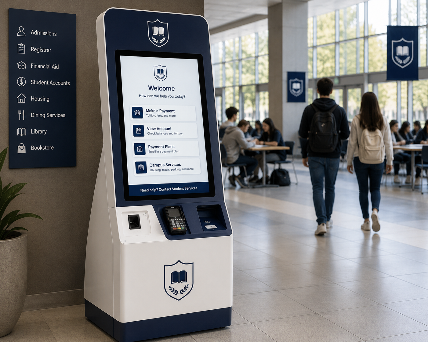 Branded self-service payment kiosk in a modern university campus lobby