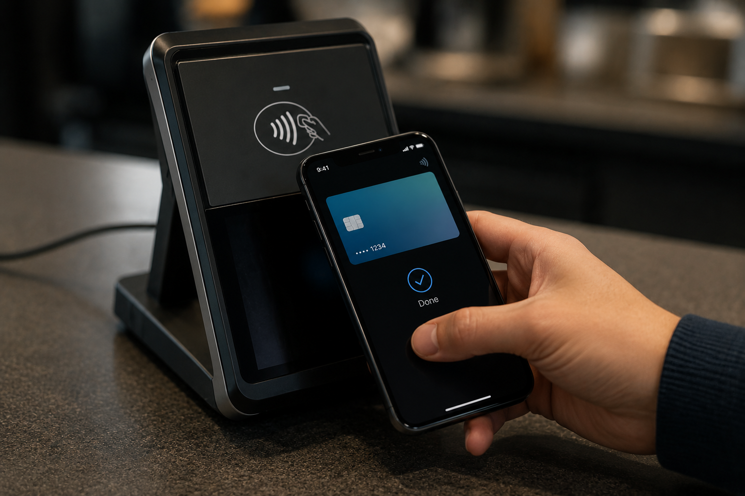 Phone completing a tap-to-pay transaction on a modern contactless reader
